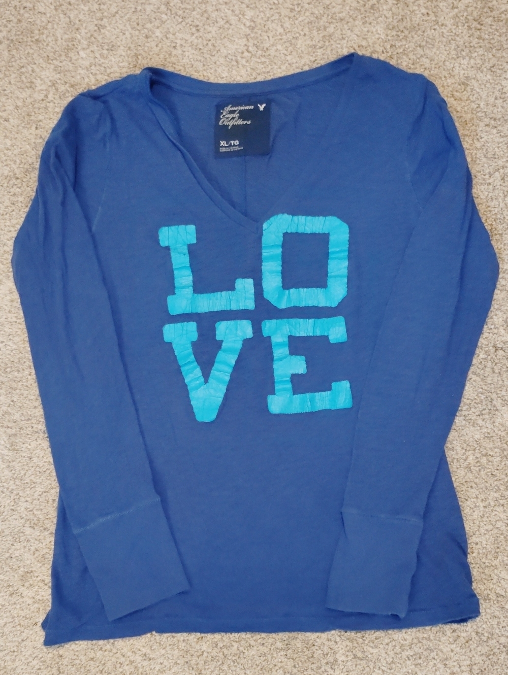 American Eagle Outfitters Blue Long-Sleeve Tee with Turquoise LOVE Graphic